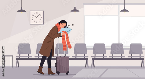 Exhausted Traveler Napping on Luggage at Airport Waiting Lounge After Flight Delay