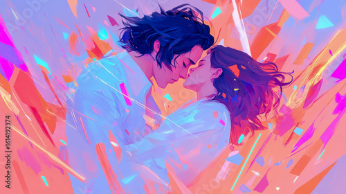 A vibrant expression of profound love between an embracing couple, illuminated by an ethereal glow and dynamic abstract shapes, ideal for a contemporary art print.