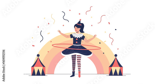 Female Clown Performs Hula Hoop Tricks At Circus Festival Celebration