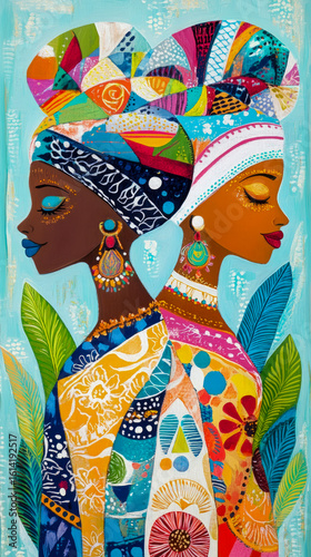 Vibrant African Artistry: Dual Portraits of Women in Colorful Headwraps and Adornments, a Cultural Celebration Piece for Home Decor or Wall Art