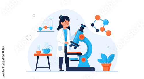 Female Scientist Examining Sample Through a Microscope in the Laboratory