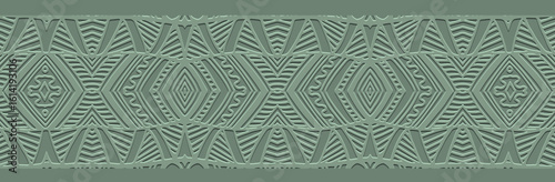 Banner, cover design, wallpaper, mural. Geometric ethnic pattern on green background, embossing. Zentangle, doodling, handmade. Ornaments, arabesques, mandala of the East, Asia, India, Mexico, Aztec