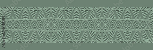 Banner, cover design, wallpaper, fresco. Geometric ethnic original pattern on green background, embossing. Zentangle, doodling, handmade. Ornaments, arabesques, mandala of the East, Asia, India, Mexic