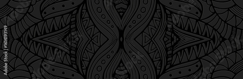 Banner, cover design, wallpaper, fresco. Geometric ethnic vintage pattern on black background, embossing. Zentangle, doodling, handmade. Ornaments, arabesques, mandala of the East, Asia, India, Mexico