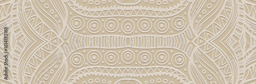Banner, cover design, wallpaper, fresco. Geometric ethnic artistic pattern on a light background, embossing. Zentangle, doodling, handwork. Ornaments, arabesques, mandala of the East, Asia, India.