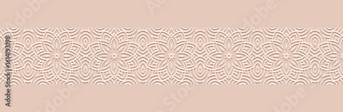 Banner, cover design, fresco. Geometric ethnic floral pattern, pink background, embossing. Handmade style. Ornaments, arabesques, mandala of the East, Asia, India, Mexico, Aztec, Peru.