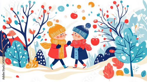 Cheerful winter stroll with two happy children holding hands amidst snowy trees and colorful berries, a delightful seasonal art for cards or books.