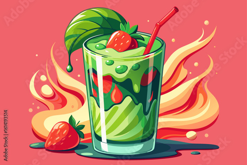 vector of Gently pour vibrant green matcha by hand over a creamy iced strawberry base in a stylish glass, creating a mesmerizing slurp…