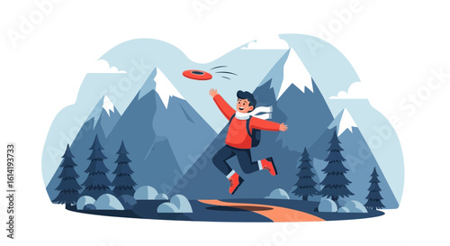 Joyful Adventures Young Hiker Playing Frisbee Amidst Majestic Mountains