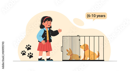 Girl Adopted Puppies, Happy Child and Pets in Adoption Kennel