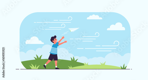 Joyful Boy With Paper Airplane: Childhood Imagination And Outdoor Fun Game