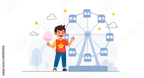 Joyful Boy With Cotton Candy In Hand Standing Near A Ferris Wheel