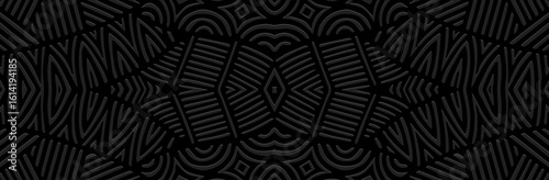 Banner, cover design, fresco. Geometric ethnic abstract pattern on black background, embossing. Zentangle, doodling, handwork. Ornaments, arabesques, mandala of the East, Asia, India, Mexico, Aztecs.