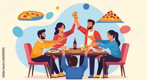 Joyful Gathering Friends Eating Pizza Together At Table Enjoying Time