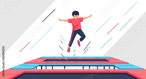 Joyful Kid Bouncing On Colorful Trampoline For Indoor Or Outdoor Activities