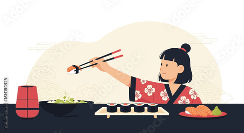 Girl Enjoys Traditional Japanese Sushi Meal With Kimono And Chopsticks Illustration