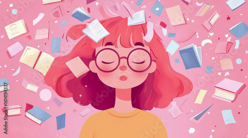 A whimsical illustration of a student's mind overflowing with floating books and knowledge, an imaginative learning concept for educational content.