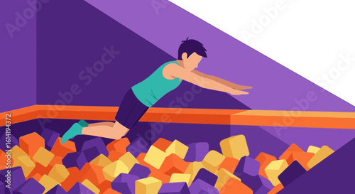 Joyful Leaping: Energetic Young Man Diving into Foam Pit in Vibrant Colors