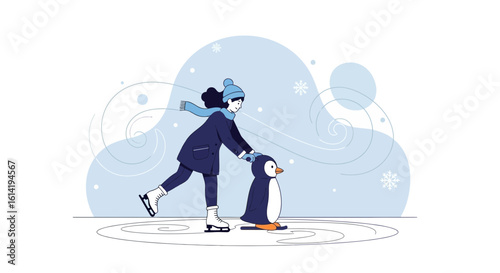 Girl On Ice Skates Helping Penguin To Learn Skating In The Winter