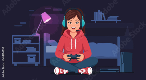 Joyful Young Woman Enjoying Video Gaming At Home During The Evening