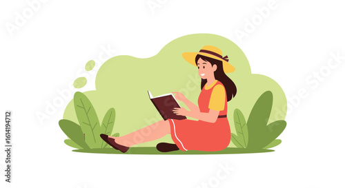 Girl Reading Outdoors Under Summery Sun In Park Vector Illustration