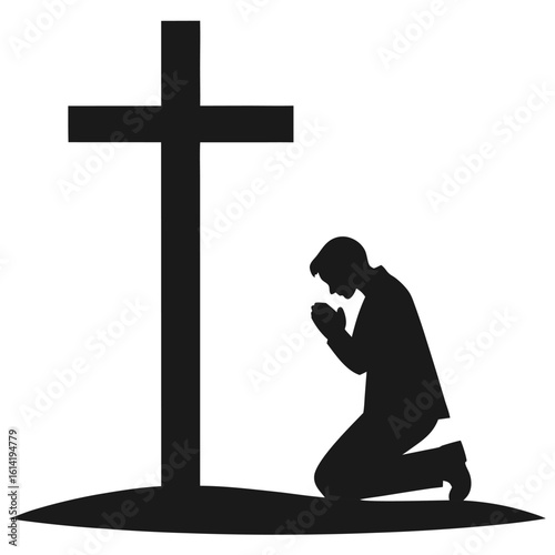 Vector art of a man is kneeling in prayer next to a cross isolated on white background