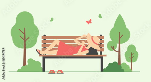 Girl Relaxing On Park Bench Under The Trees During Summer Days