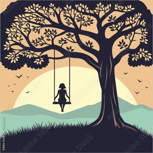Vector art of a girl on a swing under a tree at sunset in silhouette