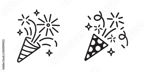 Outline and silhouette of party popper icon featuring stars and confetti lines
