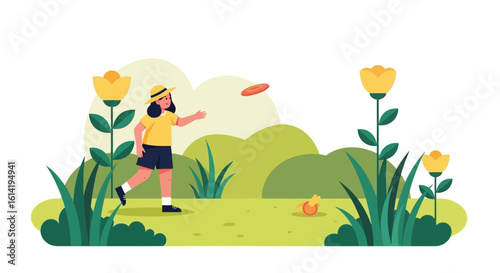 Girl Throws Frisbee in A Blooming Meadow On A Sunny Day Illustration
