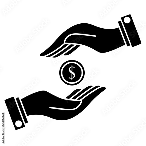 Vector art of two hands exchanging a dollar coin in silhouette isolated on white