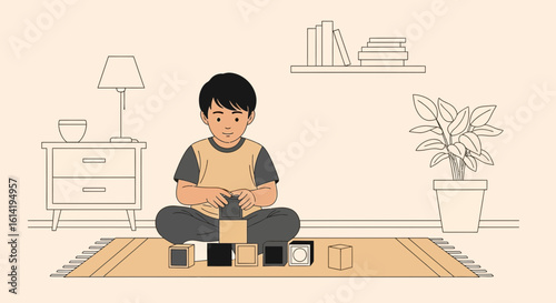 Little Boy Playing With Wooden Building Blocks In His Room At Home