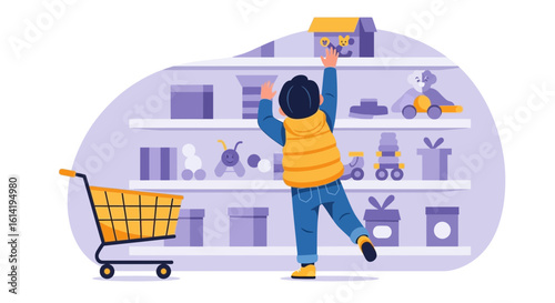 Little Boy Reaching For A Toy On A High Shelf In The Toy Store