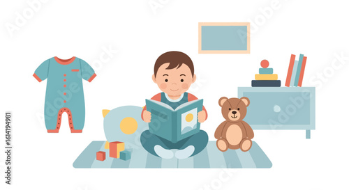 Little Boy Reads Storybook Sitting On Carpet In Children Room
