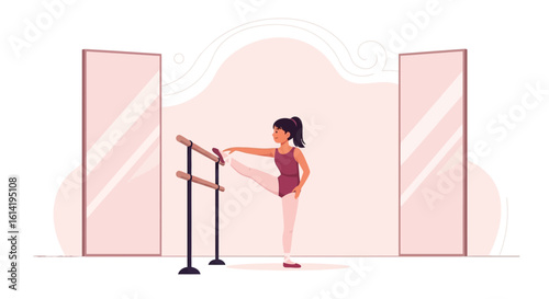 Graceful Ballerina Stretching at the Barre in a Dance Studio Practicing Form