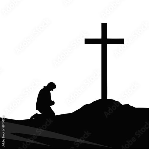 Vector art of a man is kneeling in prayer before a cross on a hill isolated on white background