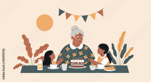 Grandmother Celebrates Birthday With Granddaughters In An Illustrated Scene