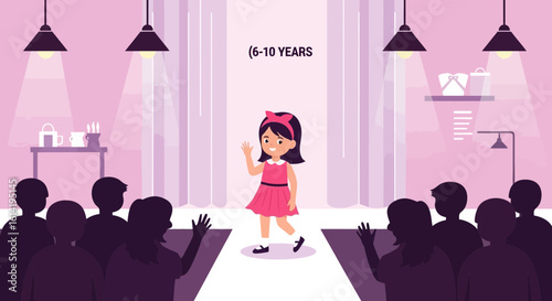 Little Girl On A Fashion Runway With A Cheering Audience And Stage Lights