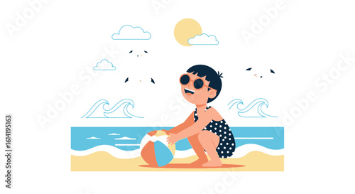 Little Girl Plays With Ball On Sunny Summer Vacation At The Beach