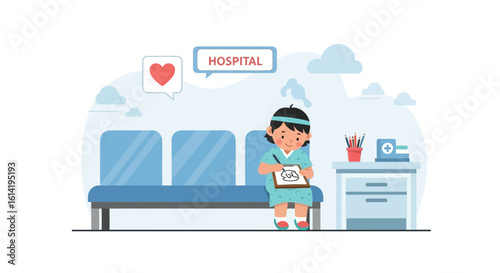 Little Patient Drawing In Hospital Waiting Room Depicting Joyful Imagination