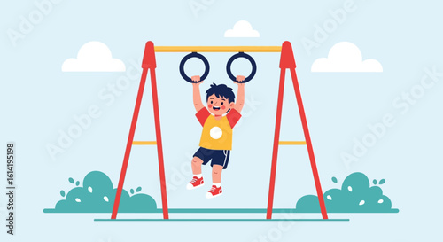 Happy Active Boy Swinging On Gymnastic Rings At The Outdoor Playground