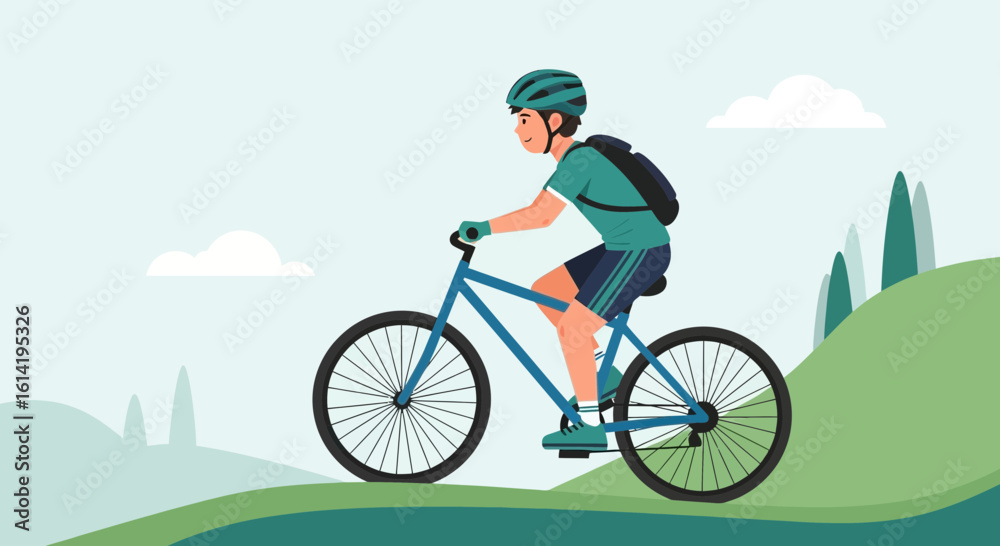 Naklejka premium Male Cyclist Enjoying Ride Through Scenic Hilly Landscape On A Bright Day