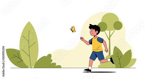 Happy Boy Chasing Butterfly In A Park Full Of Greenery Flat Illustration