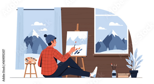 Male Artist Painting Mountain Scene on Canvas Inside a Cozy Home Studio