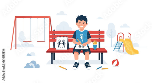 Happy Boy Drawing On Bench At Playground Under Sunny Sky In The Park