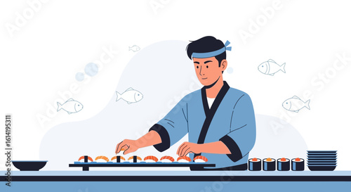 Male Chef Prepares Sushi Dish In A Restaurant With Fish In The Background