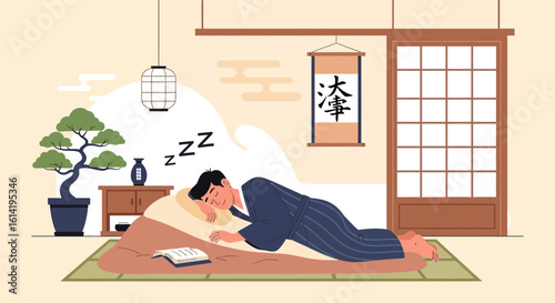 Man Asleep Peacefully In Traditional Japanese Setting After Reading A Book