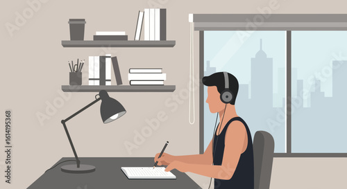Man At His Desk Wearing Headphones Working On A Project In A City Apartment