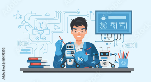 Man Assembling Robots In Workshop Concept For Engineering And Science Education