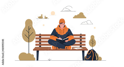 Man Enjoying Autumnal Scenery And Journaling On A Park Bench